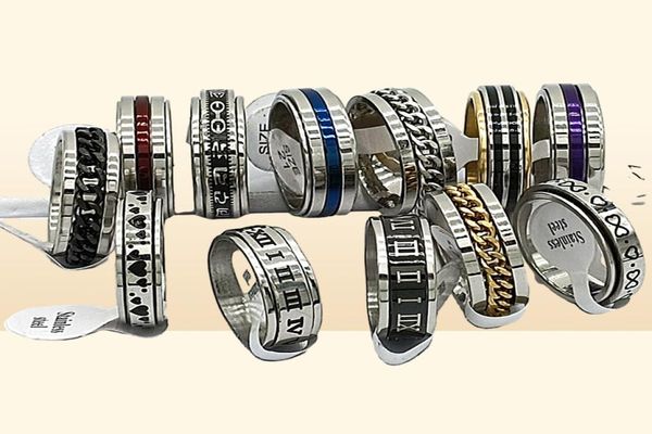 30 pçslot design mix spinner anel girar aço inoxidável moda masculina anel de rotação masculino feminino punk jóias festa presente lotes inteiros 9571095