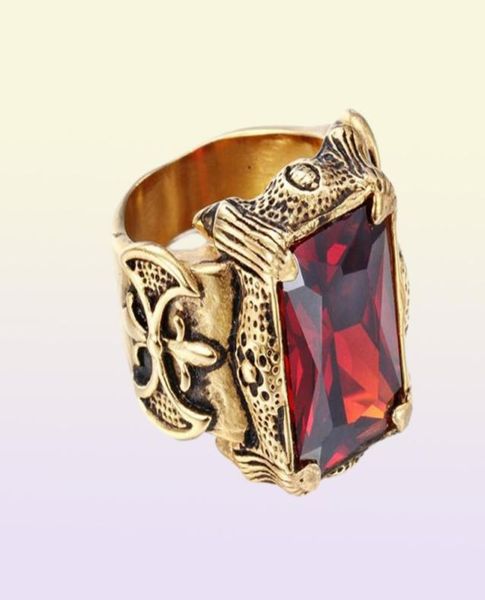 Vintage Gold Farbe Dragon Claw Ringe Hiphop Männer Edelstahl Big Rot Grün Lila Weiß CZ Zirkon Kristall Stein Kreuz ring Männer 2604924