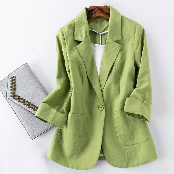 Damen-Anzüge, Blazer, Baumwoll-Leinen-Blazer, Jacke, Damen-Sommer-Outwear, hochwertige, solide Einknopf-Blazer-Anzüge, Dreiviertel-Ärmel-Oberteil 231211