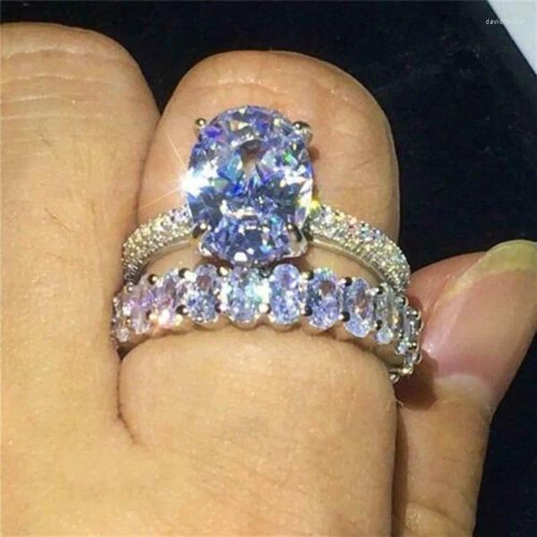 Cluster Ringe Vintage Oval 8ct Kristall Feiner Ring Set Blau Zirkon Verlobung Hochzeit Band Für Frauen Männer Luxus Party geschenk Schmuck