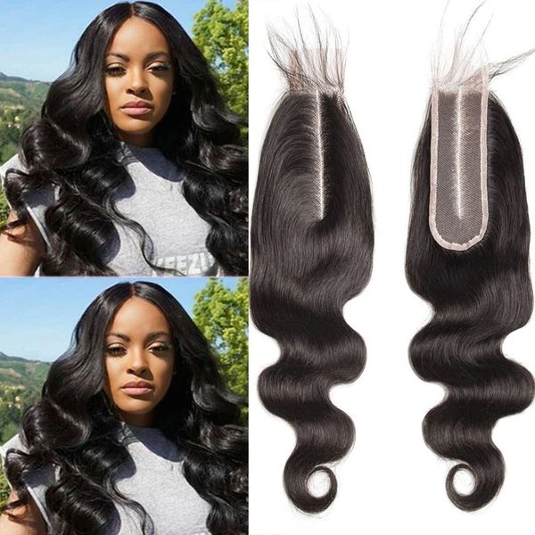 Brasileiro 2x6 Fechamento de Renda Onda Corporal 100% Cabelo Humano Parte Média Profunda Reta Fechamento de Renda Transparente Cabelo Remy Kim K Fechamento com Cabelo de Bebê Cor Natural