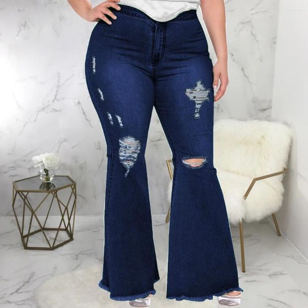Jeans femininos 5xl plus size cintura alta rasgada estirada fina de perna larga calça denim calças flare cutwear