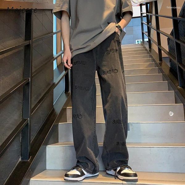 Jeans masculinos bordados homens perna larga lavada solta comprimento total cintura média estilo coreano adolescentes hipster minimalista fitness predominante