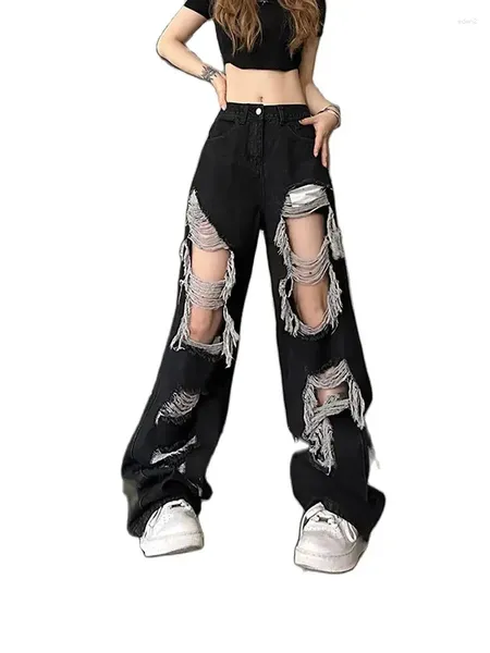 Damen Jeans Retro Street Clothing Design Schwarz Y2K Spicy Girl Hohe Taille Ragged Edge Broken Hole Lose und schlanke gerade Le