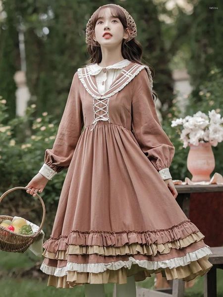 Sıradan Elbiseler Japon Fransız Vintage College Style Lolita Elbise Kadınlar Sonbahar Ruffles Donanma Yakası Uzun Kollu Zarif Prenses