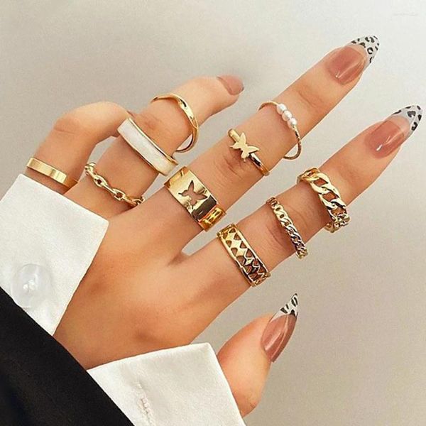 Cluster Anelli Bohemia Farfalla Hollow Knuckle Ring Set da donna Vintage Catena di perle in metallo Giunto geometrico 2023 Regali gioielli alla moda