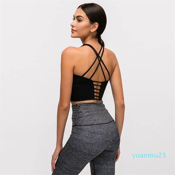 L-9095 cor sólida cruz tiras finas yoga tanque superior clássico sutiã esportivo feminino colete de fitness pequeno estilingue roupas de treinamento com copos removíveis sexy roupa interior33