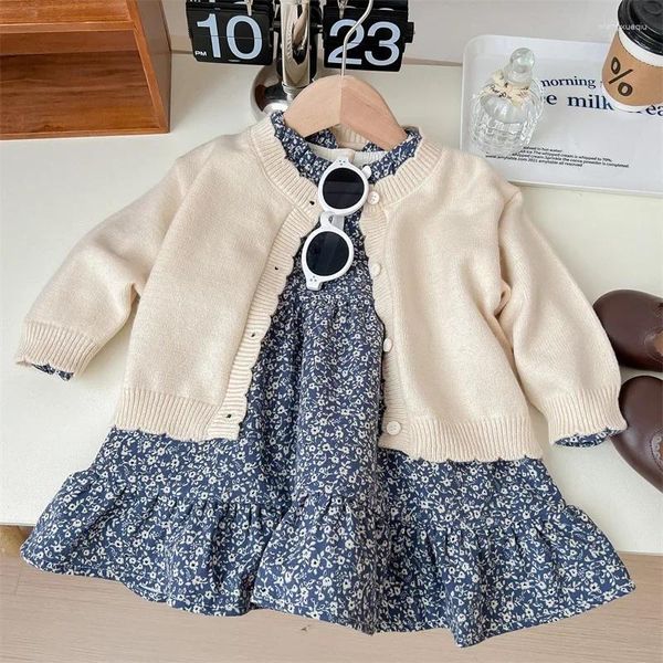 Kleidungssets Mädchenkleidung Frühling Pastoral 2-teiliges Set Einfarbige Strickjacke Passende Baumwolle Blumen Kinderkleider Für Mädchen Koreanisch