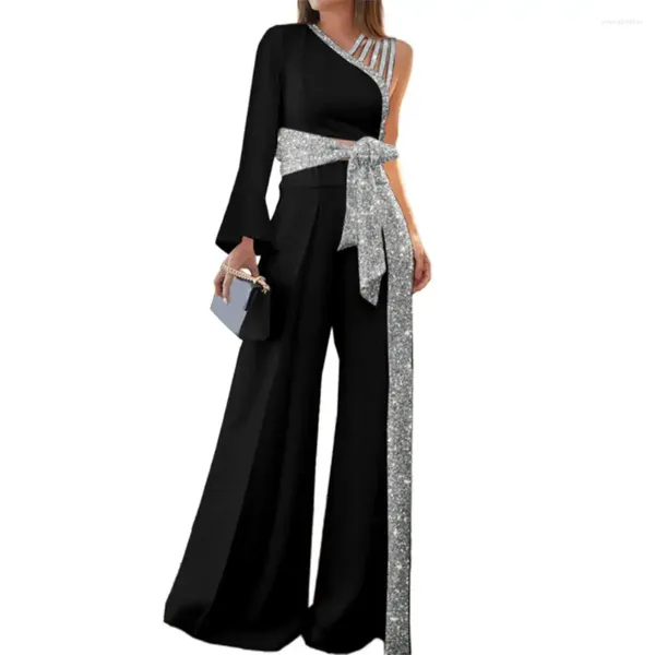 Zweiteilige Damenhose, stilvolles Oberteil-Set, lange Ärmel, weites Bein, lässiges Outfit, sexy One-Shoulder-glänzende Streetwear-Bluse