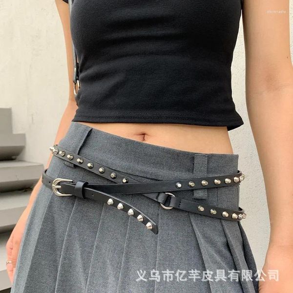 Cinture da donna Super lungo doppio anello versatile secchiello cintura sottile per unghie rivetto al neodimio punk denim classico