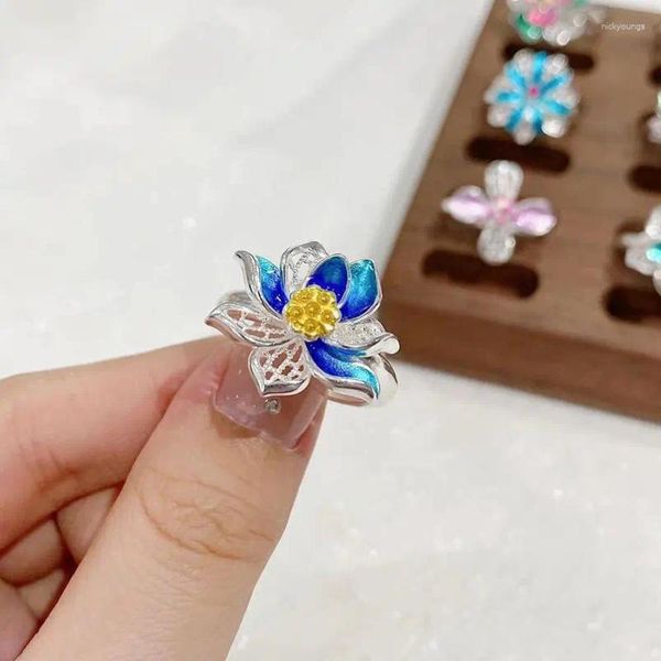 Cluster-Ringe, die Silberfarbe Vintage Emaille Ethno-Stil Damen Lotusblume Offener Ring Geschenk JZ0349 verkaufen