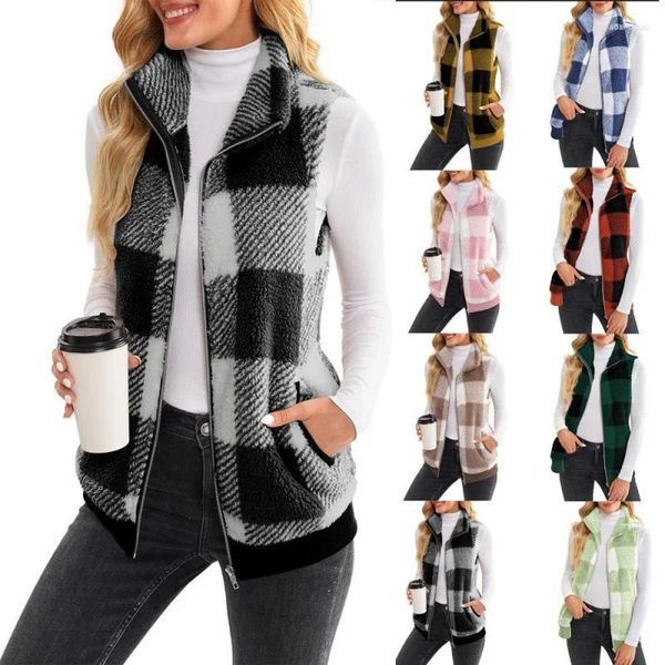 Damenwesten Frauen Mode Plaid Weste Plüsch Ärmellose Zip-Up Pelzige Jacke 2023 Herbst Winter Zipper Weste Veste Femme Mäntel