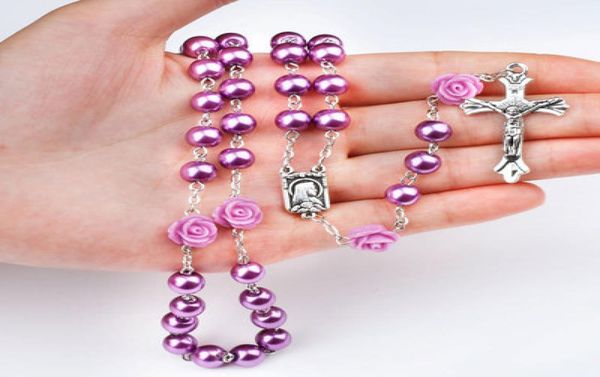 Collane con ciondoli di vendita calda Viola imitazione di perle Rosa Collana di rosario cattolico Collana religiosa vergine Regalo di Natale7527239