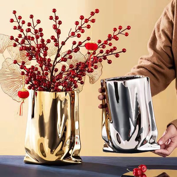 Vasen, Keramik-Blumenvase, großes Fassungsvermögen, Gold-Silber, Herzstück für Party, Zuhause, Schlafzimmer, Esstisch, Dekoration, 231212