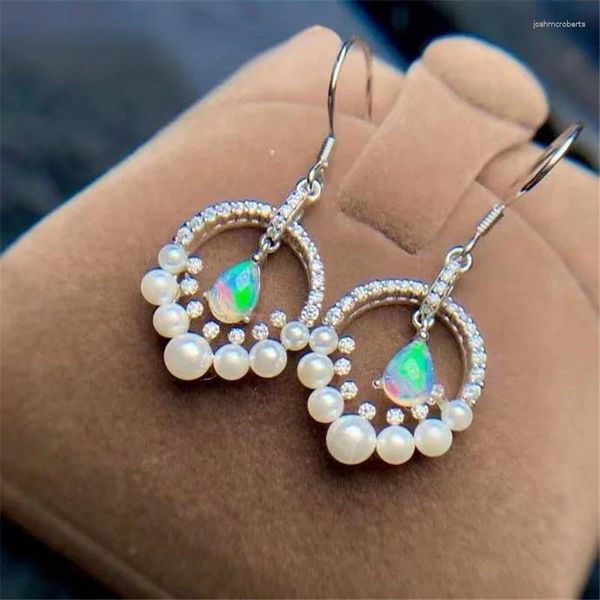 Orecchini pendenti da donna in argento sterling 925 intarsiato con opale naturale e perle. Saldi di gioielli