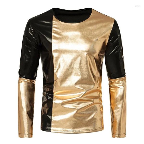 Homens Camisetas Moda Revestida Night Club Wear Gold Silver Patched Manga Longa Camisa Stagewear Tops para Masculino