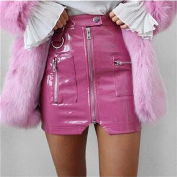 Gonne Abiti da club sexy Minigonna da donna Pelle PU PVC Vita alta Tasca con cerniera Pacchetto Pantaloncini alla moda Donna Streetwear Party Rosa Nero