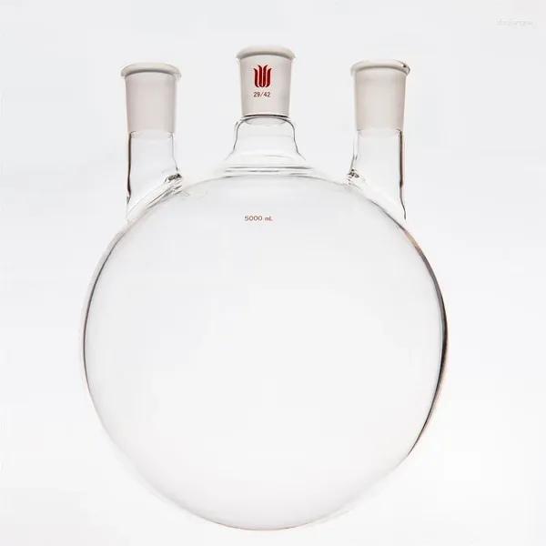 Bottiglia diritta a tre bocche con sfera, capacità 5000 ml, parete pesante, boccetta in vetro borosilicato ad alta resistenza F44