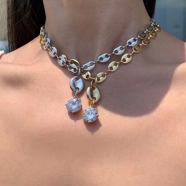 collana con ciondolo naso di maiale in acciaio inossidabile, orecchini con chicchi di caffè, ciondolo in zircone, catena con clavicola YS362 in stile francese