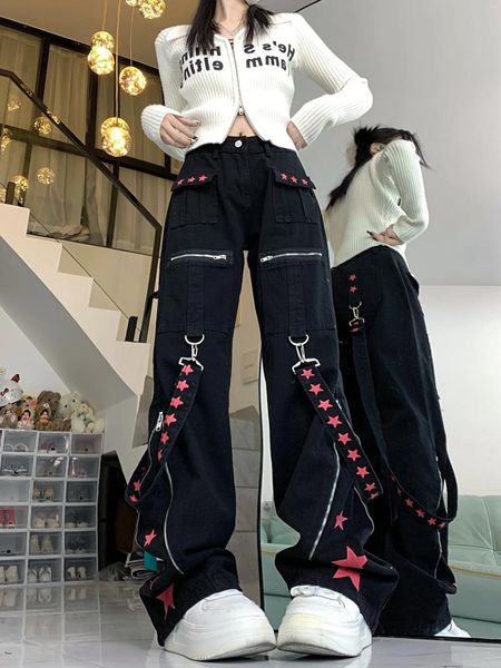 Jeans da donna Y2k Heavy Dark System Streamer di colore a contrasto Decorazione in metallo Patchwork Star Thousand Pantaloni a gamba larga