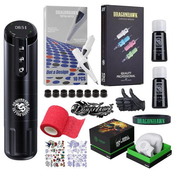 Kits de armas de tatuagem Dragonhawk X4 Máquina sem fio Bateria Caneta Esferográfica Cartucho Agulhas Coreless Motor LED Display Maquiagem Iniciante Conjunto de tinta 231211