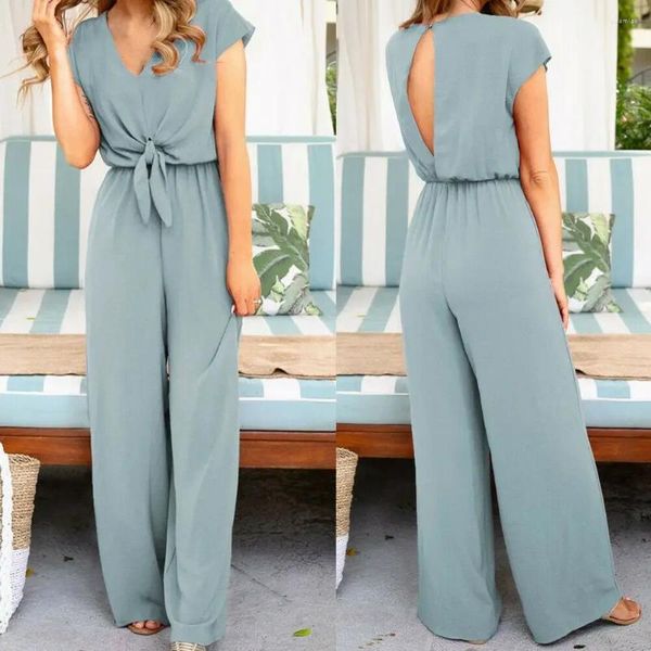 Zweiteilige Hosen für Damen 2023 Sommer-Frauen-Jumpsuits mit Kurzarm-Spielanzug Lange Hose, figurbetont, fest, rückenfrei, V-Ausschnitt, Party-Jumpsuit