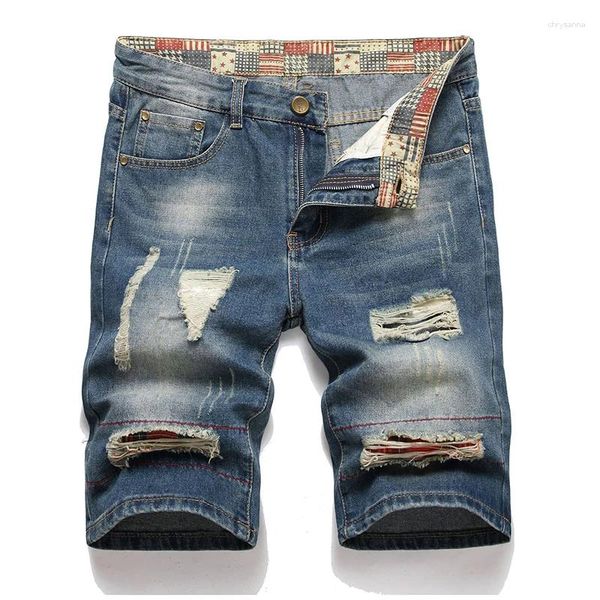 Jeans masculinos 2023 homens patch shorts buraco quebrado denim arruinado curto
