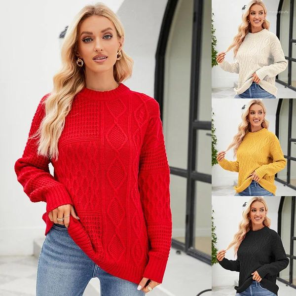 Damenpullover Roter Pullover Frauen Herbst Winter Einfacher Pullover Strickelastischer Pullover Lässiger O-Ausschnitt Warmer Y2k-Buchstabe Koreanischer Jacquard-Pullover