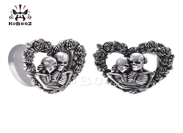 Kubooz tampões de ouvido em formato de coração, caveira de aço inoxidável rosa, túneis, joias corporais, piercing, medidores de brinco, expansores 825mm 6727487