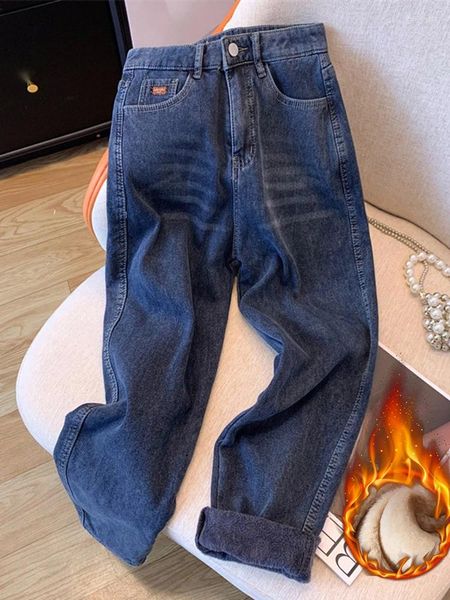Jeans femininos oiinaa cintura alta mulheres veludo engrossar quente streetwear bolsos riscados perna larga moda calças retas