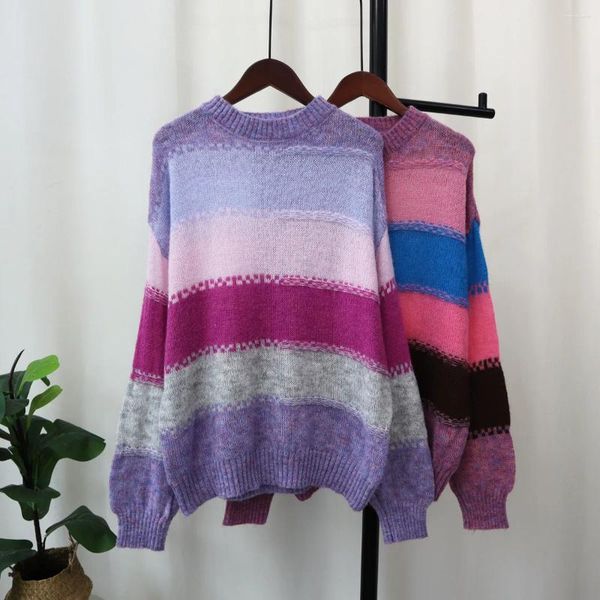 Frauenpullover HSA 2023 Koreanische getäfelte gestreifte Pullover Frauen Herbst Weiche Süße Mädchen Adrette Lose Vintage Einfache Ins