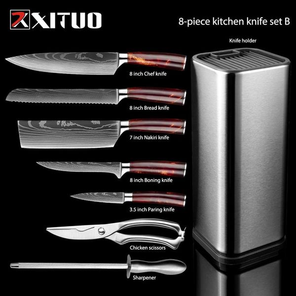 Xituo conjunto de facas de cozinha, 6-8 peças, cabo de resina vermelha, padrão laser eamascus, chef lnife, facas para cortar pão, presente248f