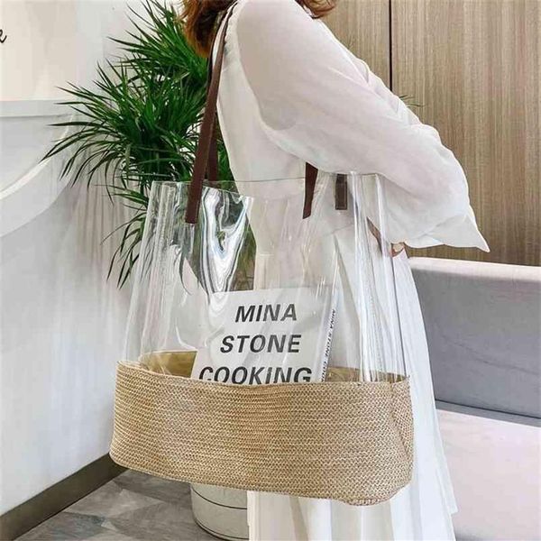 Moda Clear Straw Beach Sacos de ombro de praia Designer PVC Jelly Tote Bags para mulheres Bolsas de tecelagem grande Bolsa de compras transparente 2109023019