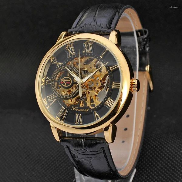 Продажа наручных часов Механические мужские часы с ручным управлением FORSINING Hollow Fashion Leather Leisure