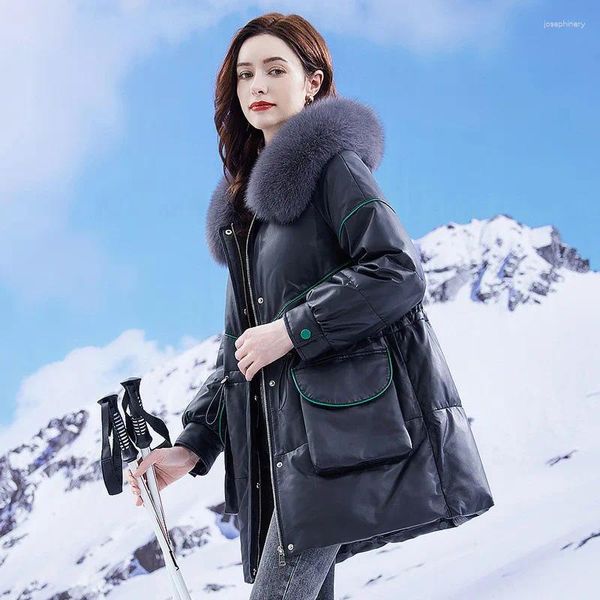 Женская кожаная Акция 2023, зимняя одежда, средней длины, пуховик из овчины со съемными волосами, пальто
