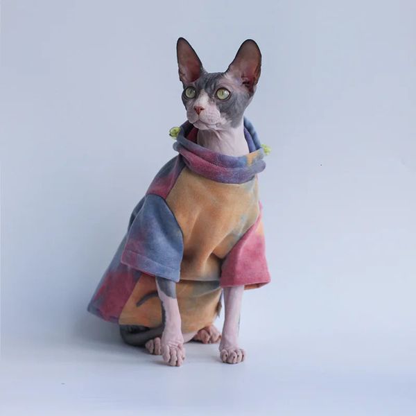 Katzenkostüme Warmer Woll-Hoodie mit Batikmuster Frühling Herbst Haarloser Katzenpullover Sphinx-Mantel Warme modische Kleidung Kätzchen Hübsche Jacke Niedlich 231212