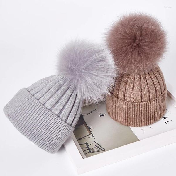 Berets Winter Frauen Mädchen Echtpelz Pom Gestrickte Beaines Kappe Kind Baby Junge Kind Stricken Skullies Hut Kaschmir Gorros