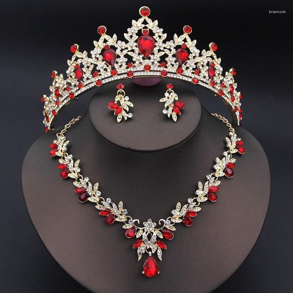 Halskette Ohrringe Set Rot Kristall Krone Brautschmuck Für Frauen Tiaras Braut Halsband Hochzeitskleid Kostüm Zubehör