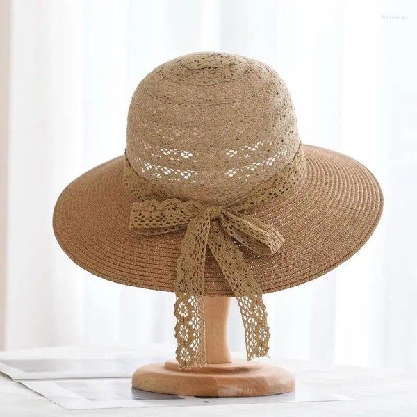 Chapéus de borda larga Chapéu de palha de verão Lace Bow Bucket Travel Sun Beach Acessórios de moda para homens