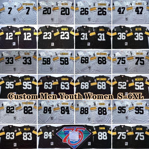 Personalizado 75º Vintage 75 Joe Greene 1969 Camisas de Futebol 26 Rod Woodson 36 Jerome Bettis 63 Dermontti Dawson 83 Heath Miller 95 Greg Lloyd 86 Hines Ward Terry Bradshaw