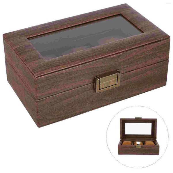 Caixas de relógio PU Box Organizador 3 Slots Vintage Display Case Jóias Bandeja Brinco Titular Com Tampa Transparente Para Homens