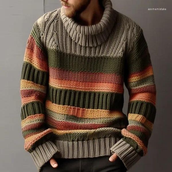 Suéter Masculino Com Gola Alta Jaqueta Outono E Inverno Lapela Colorblocking Knit