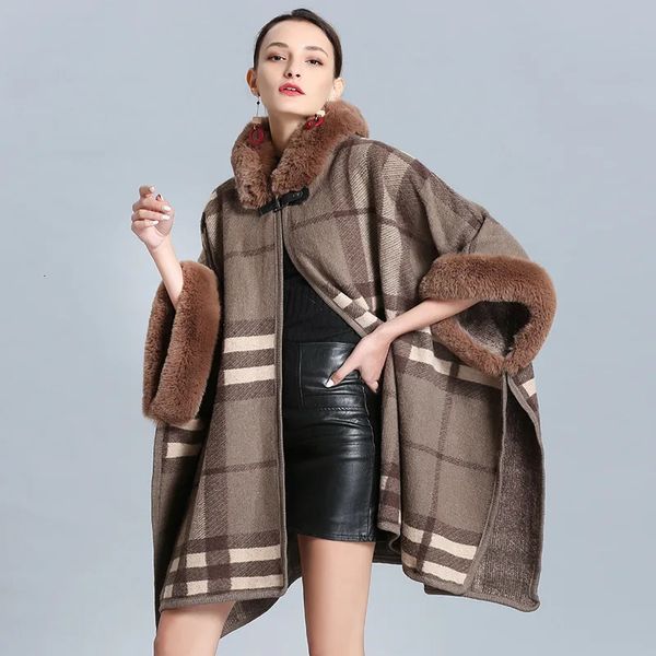 Damen-Wollmischungen, Damen-Kapuzenumhänge, Kunstfell-Patchwork-Strickmantel, dick, warm, für Bürodamen, karierter Poncho, Oberbekleidung, Jacke, lose Mäntel 231211