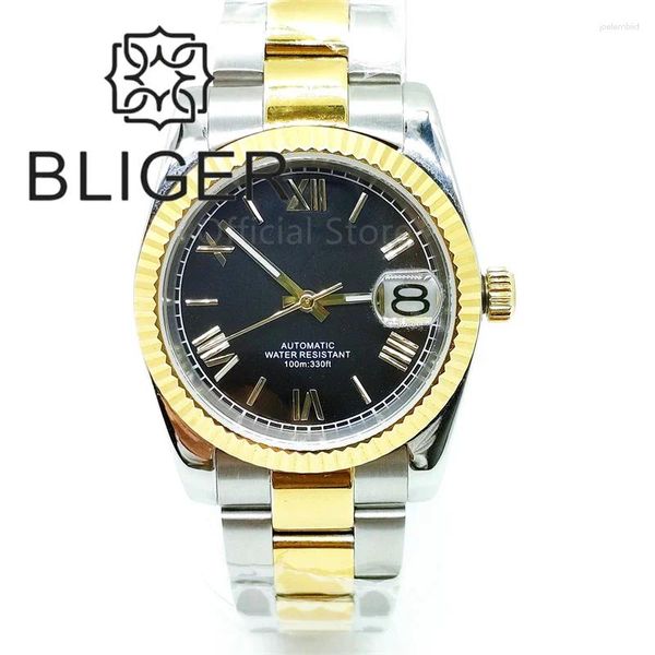 Relógios de pulso 36mm / 39mm preto amarelo ouro romano numeral dial relógio para homens dois tons caso japão nh35 data dispaly relojes para hombre