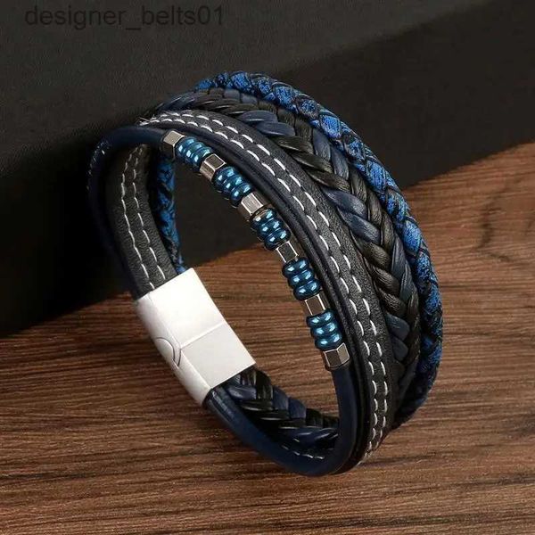 Charme pulseiras clássico novo pulseira de couro para homens 19/21/23cm multicamadas de couro masculino frisado pulseiras moda jóias atacado dropshippingl231214