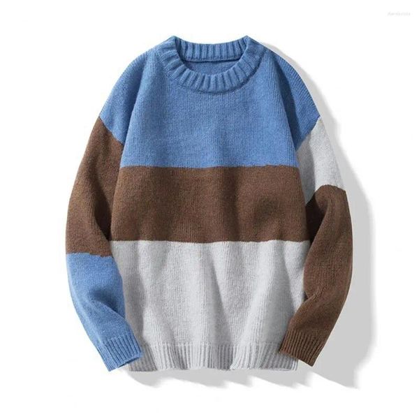 Мужские свитера, мужские свитера свободного покроя, цветные блоки, вязаный, теплый, уютный, с круглым вырезом, пуловер на осень-зиму, толстый эластичный, средней длины