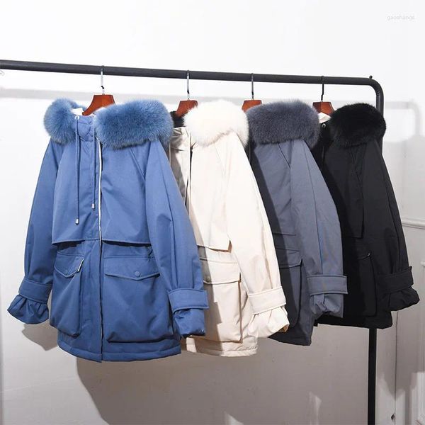 Casacos de Trench das Mulheres Grande Natural Raccoon Fur Com Capuz Inverno Down Casaco Mulheres Jaqueta de Pato Branco Grosso Quente Parkas Feminino Outerwear