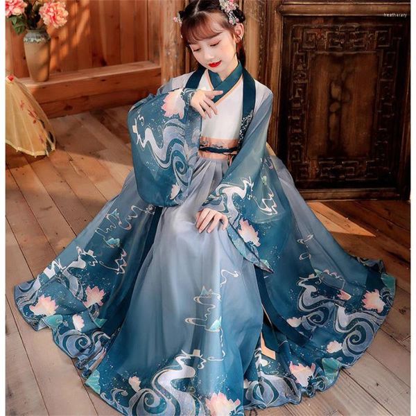 Сценическая одежда Hanfu для девочек, весенне-осенний детский костюм, платье для девочек от 3 до 12 лет, платье принцессы с цветущей вишней в китайском стиле для детей