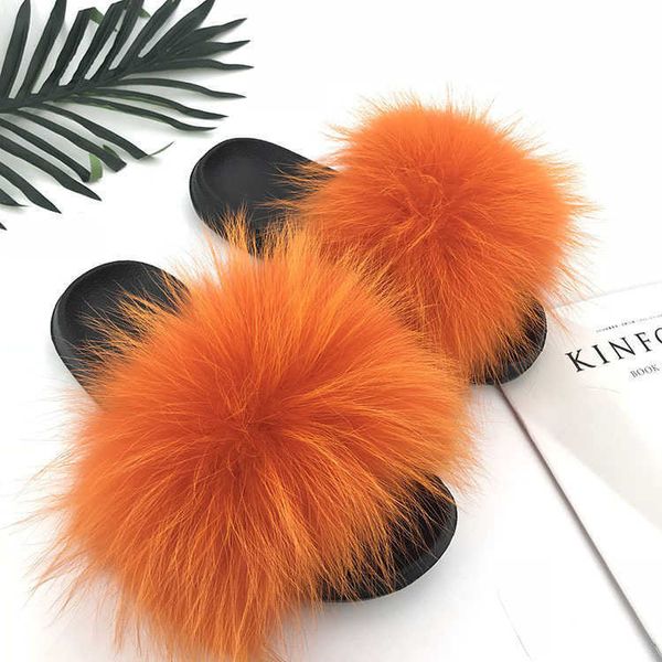 Novos sapatos peludos peludo raccoon cão quente moda pele de raposa chinelos de pelúcia para mulher l231212