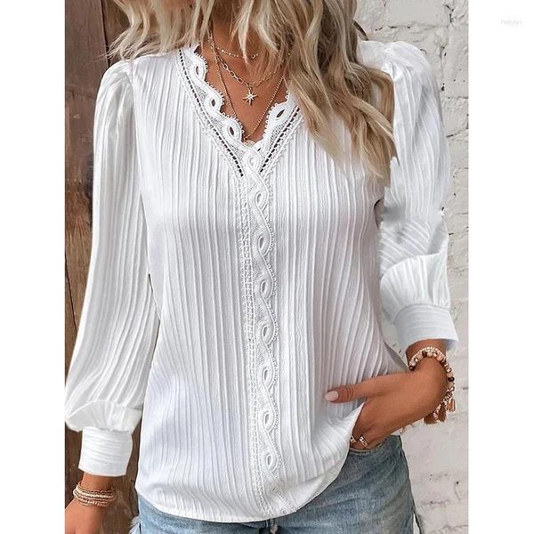 Blusas femininas com decote em v manga longa camisa de renda feminina solta oco para fora elegante blusa simples escritório 2023 listra plissado vintage topos mujer